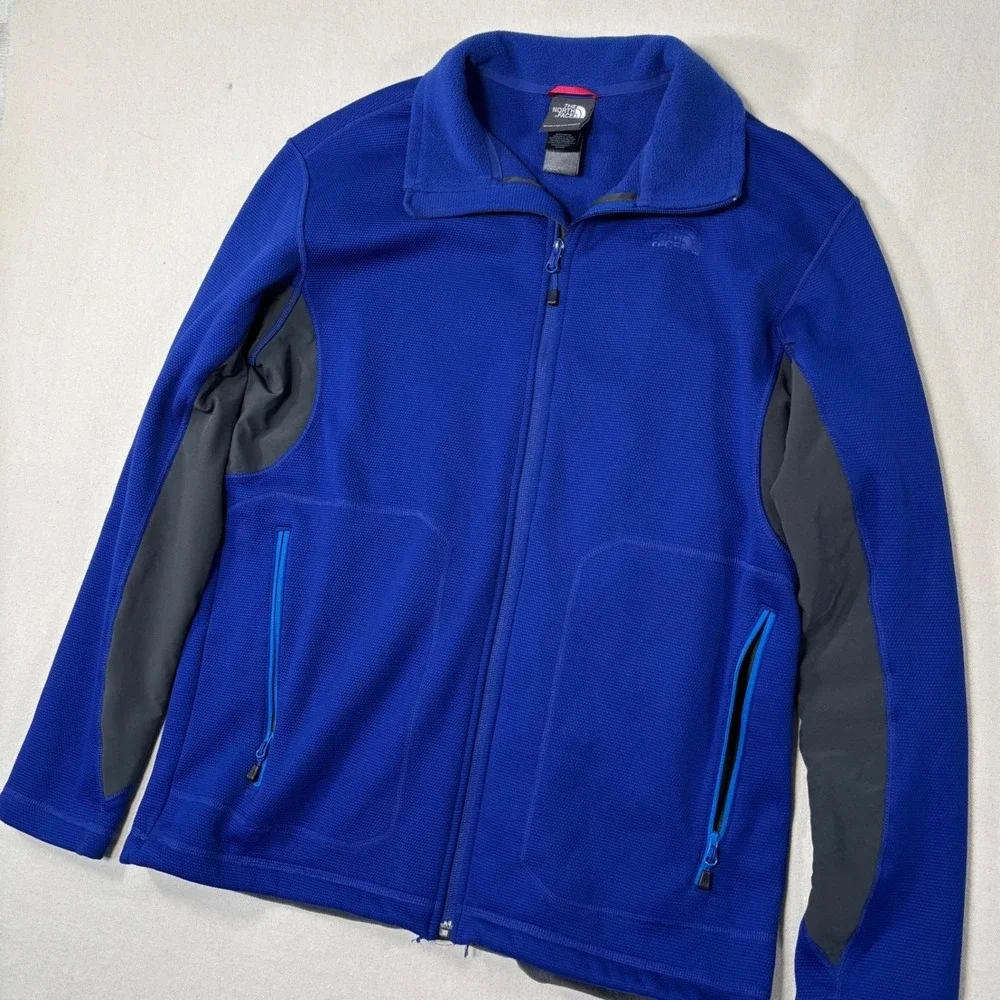 The North Face Mens Blue Grid Fleece Full Zip Jacket Gray Panels Large F12